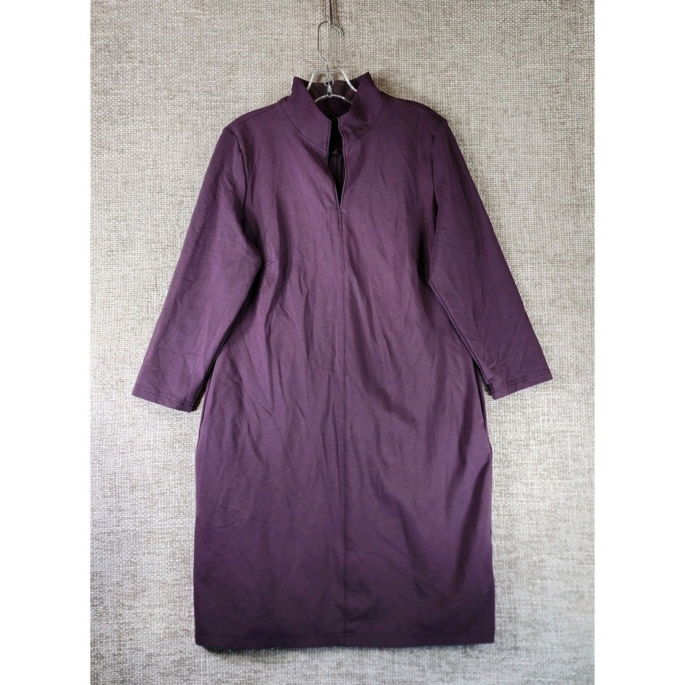 Quince Ultra Stretch Ponte Split Neck Dress Womens L Purple 3/4 Sleeve Pockets